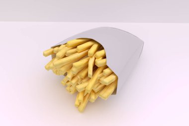 3D görüntüleme - Yüksek çözünürlüklü resim Fransız kızartma kutusu, beyaz arkaplanda izole edilmiş şablon, yüksek kalite