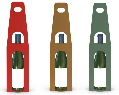 3D görüntüleme - Bir şarap ve üç farklı renk şablonu bulunan yüksek çözünürlüklü resim özel kutusu beyaz arka planda izole edilmiş, karton detaylar yüksek kaliteli