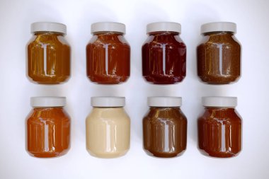 3D görüntü- Çikolata, fındık, çikolata, çikolata beyazı, bal, karamel, kayısı, kavanozda çilek, beyaz arka planda izole edilmiş yüksek kaliteli detaylar