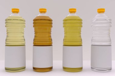 3D görüntüleme - Beyaz arka planda izole edilmiş şişe zeytinyağı, yağ ve sirke yüksek kaliteli ayrıntılar