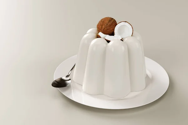 3D渲染 用勺子在盘子上的椰子布丁 高质量的细节 — 图库照片