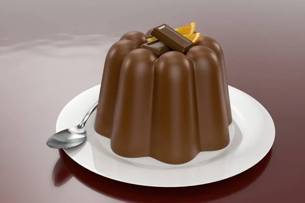 3D渲染 用勺子把巧克力布丁放在盘子里 高质量的细节 — 图库照片