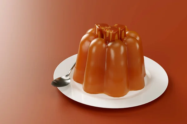 Rendering Caramel Pudding Πιάτο Κουτάλι Υψηλής Ποιότητας Λεπτομέρειες — Φωτογραφία Αρχείου