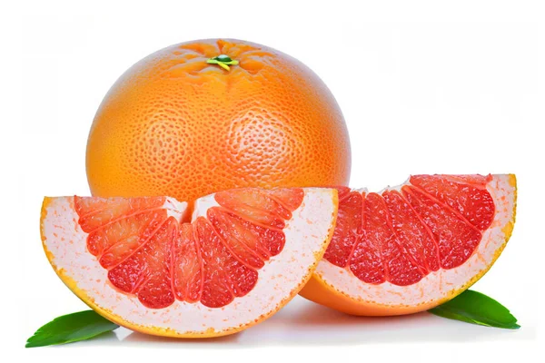 Frische Grapefruit Ganz Scheibe Mit Blatt Isoliert Auf Weißem Hintergrund — Stockfoto
