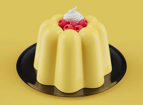 Succulent Vanilla Pudding Delight Czerwonymi Malinami Dekadenckim Bitą Śmietaną — Zdjęcie stockowe