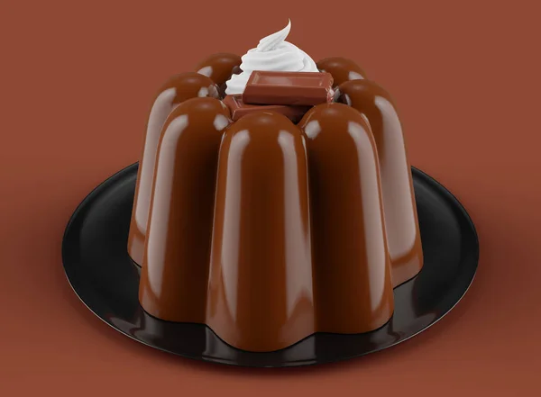 Delícia Pudim Chocolate Suculenta Com Peças Chocolate Ricas Cobertura Creme — Fotografia de Stock