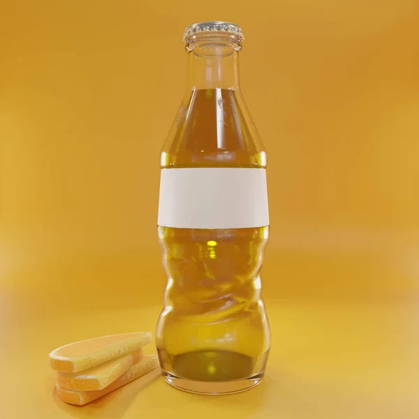 Oranje Fruit Gearomatiseerde Koolzuurhoudende Frisdranken Glazen Fles Gele Achtergrond Render — Stockfoto