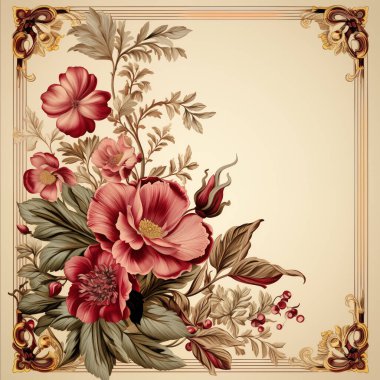 Krema arka planında süslü köşeleri olan klasik çiçek tasarımı, davetiyeler veya tebrik kartları için mükemmel..