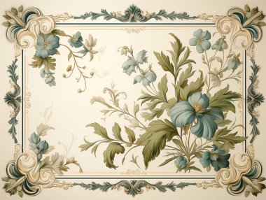 Vintage floral frame with ornate corners and blue flowers on a cream background, suitable for invitations or cards. clipart