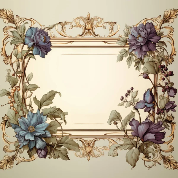 Moldura Floral Vintage Com Cantos Ornamentados Flores Coloridas Fundo Bege — Fotografia de Stock