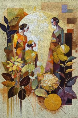 Bu sanat eseri geometrik arkaplanı olan kadın figürlerini karmaşık bir şekilde birbirine dokuyor ve doğayla olan zengin bir insan iletişimi mozaiği oluşturuyor.