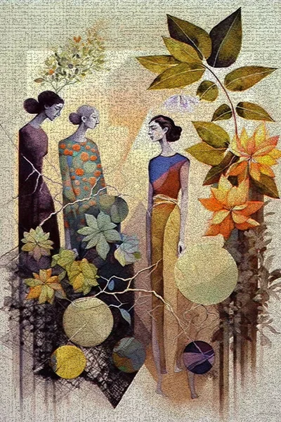Trio Women Blend Autumnal Mosaic Backdrop Embodying Elegance Fall — Stock Photo, Image