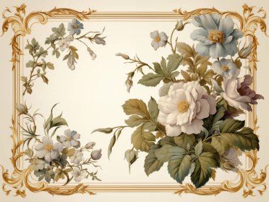Elegant vintage floral frame with golden accents on a pastel background, perfect for invitations or cards. clipart