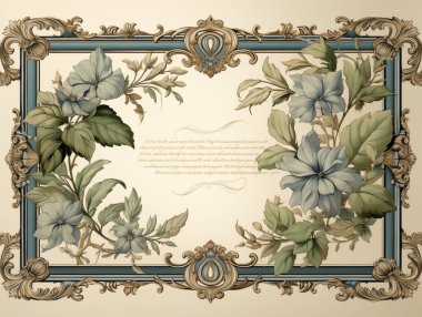 Vintage floral frame with ornate corners and botanical motifs on a beige background clipart