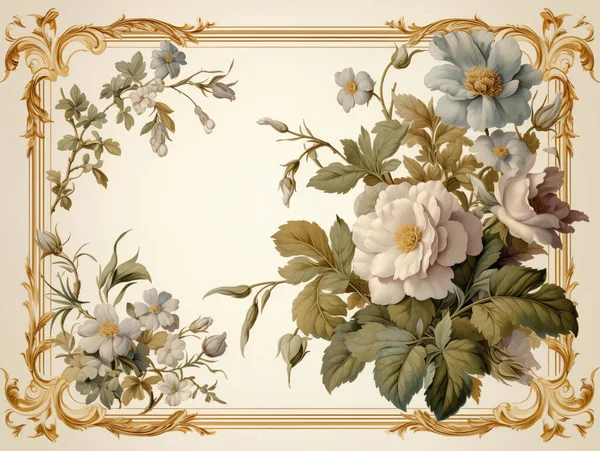 Elegant vintage floral frame with golden accents on a pastel background, perfect for invitations or cards.