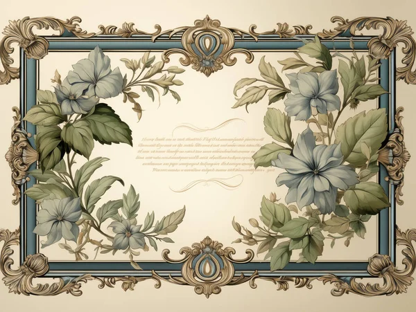 Vintage floral frame with ornate corners and botanical motifs on a beige background