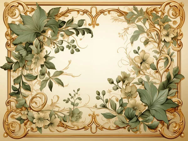 Elegant vintage floral frame with golden accents on a pastel background, perfect for invitations or cards.