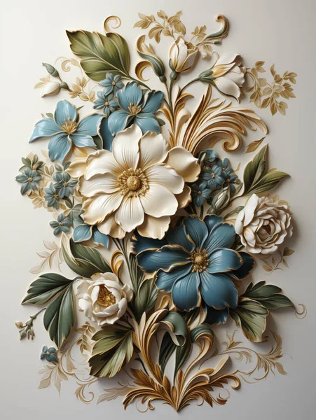 Ein Üppiges Florales Reliefkunstwerk Mit Goldenen Akzenten Und Blauen Blüten lizenzfreie Stockfotos