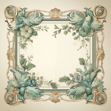 Vintage floral frame with ornate corners and blue flowers on a beige background, suitable for invitations and cards. clipart