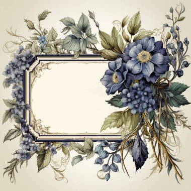 Mavi ve yeşil çiçekli zarif bir çiçek çerçevesi ve tarafsız bir arkaplanda yapraklar, davetiyeler veya kartlar için mükemmel..