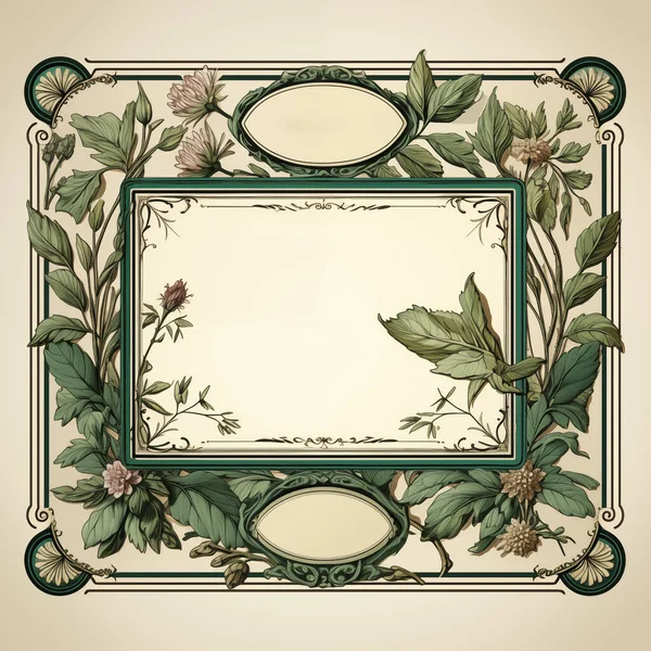 Vintage floral frame with ornate corners and botanical motifs on a beige background, ideal for invitations or elegant designs.