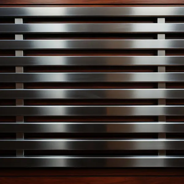 Photograph showing parallel metal bars set against a wooden background, highlighting a contrast between metal sheen and wood grain