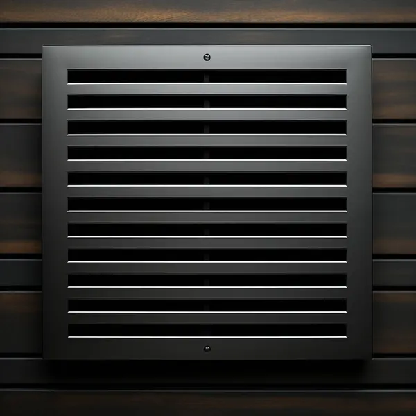 An image of a square metallic air vent with horizontal slats mounted on a wooden surface, combining functionality with modern design
