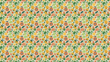 Portakal, limon, karpuz ve yeşillik karışımından oluşan canlı meyve çizimi. Yaratıcı projeler, tekstil ve duvar kağıdı tasarımları için mükemmel..