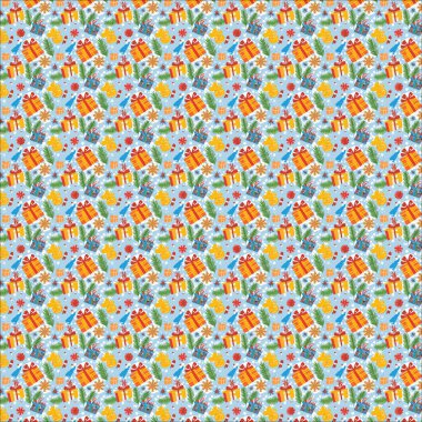 Süslü, hediyeli ve ağaçlı renkli bir Noel deseni. Festival projeleri, duvar kağıtları ve kumaş baskıları için ideal.