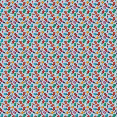 Renkli haplar ve haplarla dolu parlak bir tıbbi şablon. Sağlık projeleri, duvar kağıtları ve yaratıcı tasarımlar için ideal..