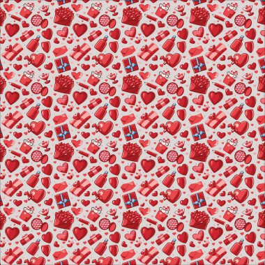 Adorable Valentine's Day pattern featuring hearts and gifts. Perfect for love-themed projects, wallpapers, and packaging. clipart