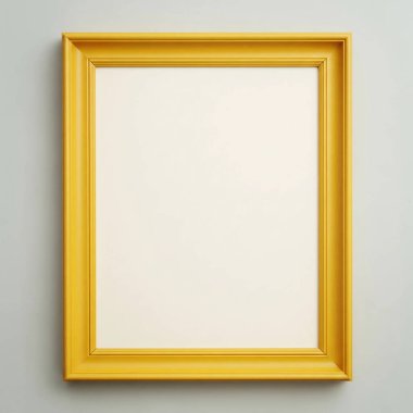 Açık gri bir duvarda asılı sarı ahşap çerçeve ve boş bir merkez boşluk. Parmak izi, poster veya dijital sanat eserlerinin sergilenmesi için uygun temiz ve zarif bir tasarım..