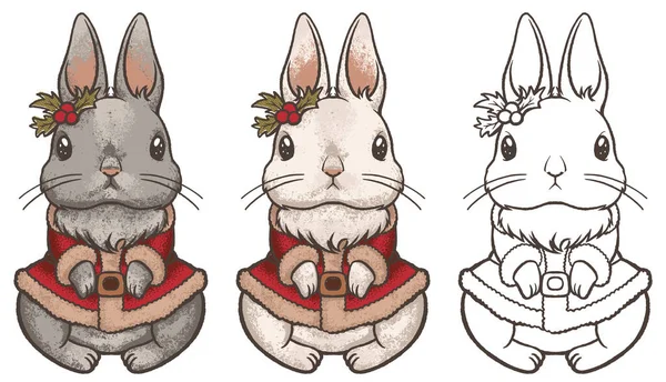 Sevimli Yeni Yıl Tavşanı Ile Klasik Tarzda Klip Sanatı Doku — Stok Vektör