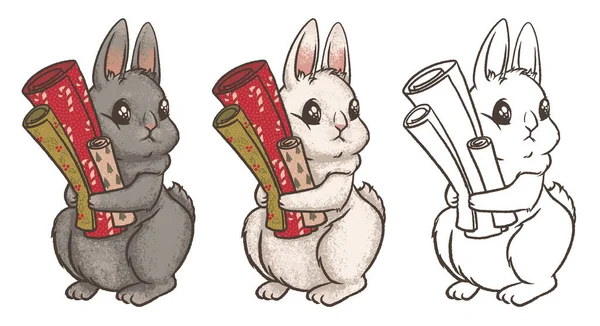 Sevimli Yeni Yıl Tavşanı Ile Klasik Tarzda Klip Sanatı Doku — Stok Vektör