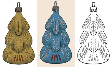 Noel ağacı için bir dizi yeni yıl oyuncağı. Kartpostal yazdırmak için izole vektör çizimleri..