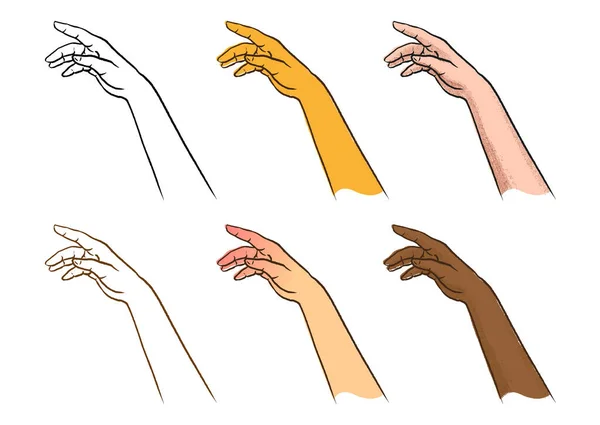 Line Art Ilustracja Ręcznie Rysowane Żeńskie Ręce Zestaw Różne Odcienie — Wektor stockowy
