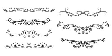 Dekorasyon, davetiyeler, posterler, kartlar, kumaş için, beyaz üzerine izole edilmiş el yapımı vektör çizimi ögeleri kümesi.