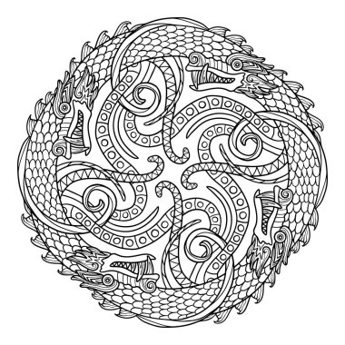 İskandinav Viking tasarımı. Kelt tarzında antik dekoratif ejderha, İskandinav düğümü çizimi, beyaz üzerine izole edilmiş, vektör çizimi.