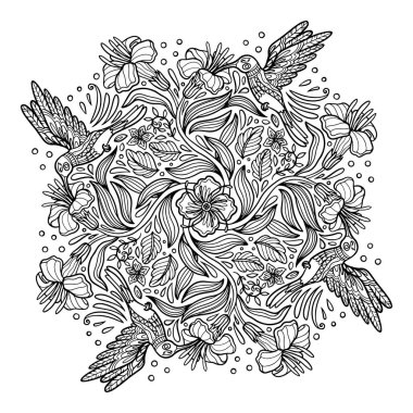 Tropikal çiçekler ve sinekkuşunun boyama sayfası. Yetişkinler ve çocuklar için stres önleyici.