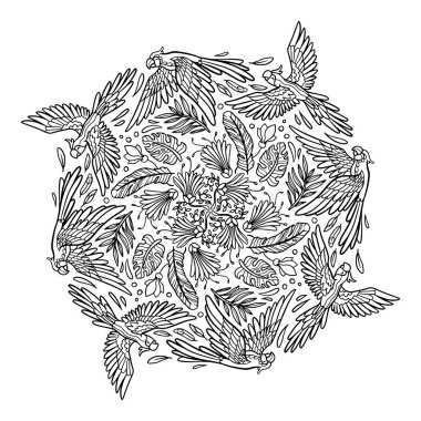 Vektör el yetişkin boyama kitabı için ara tropikal illüstrasyon çizdi. Yetişkin stres önleyici kitap sayfası için karalama ve zenkaralama elemanları ile serbest çizim.