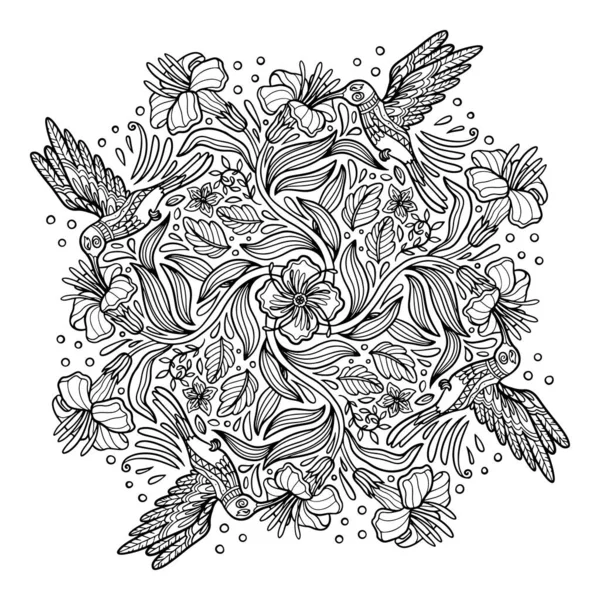 Färgläggning Sida Tropiska Blommor Och Kolibri Antistress För Vuxna Och Stockillustration