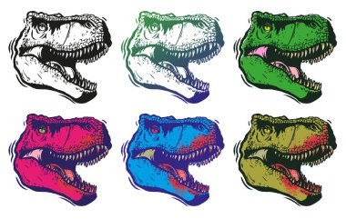 Tarih öncesi dinozor kafası çizimi. İzole edilmiş. Tehlikeli antik yırtıcı, tyrannosaurus fosil tasarım elementi.