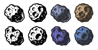 Klasik komik tarzda el yapımı asteroit koleksiyonu, siyah ve renkli versiyonlar, beyaz arkaplanda izole uzay kayaları.