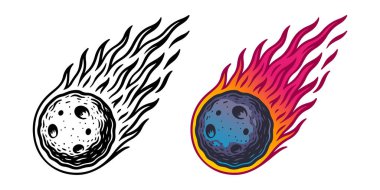 Siyah ve renkli alevlerle el yapımı meteor çizimi, beyaz arkaplanda izole edilmiş ateşli kuyruklu yıldız simgesi.