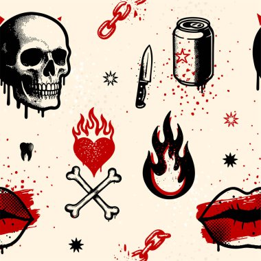 Kafatası, dudaklar, alevler, kalpler, bıçak ve punk elementleri bej arka planda grunge pop sanat tarzında kusursuz desen.