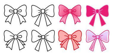 Çizgi film tarzında, çizgili ve eğimli versiyonlarıyla sevimli pembe fiyonk. Kız gibi, dekoratif bir görünüm. Beyaz arkaplanda izole.