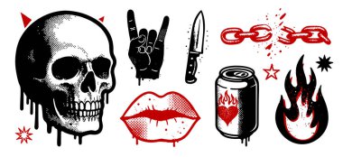 Grunge pop sanatının punk ikonlarının kafatası, bıçak, dudaklar, taş el, ateş, soda kutusu. Kalın mürekkep sanatı. Beyaz arkaplanda izole.