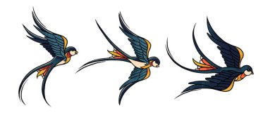 Geleneksel dövmeli üç kırlangıç seti. Kalın hatlar, kumlu doku, klasik palet. Beyaz arkaplanda izole.