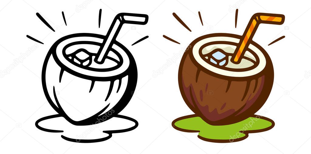 Hand-drawn coconut drink with straw and ice cubes. Summer tropical beverage illustration. Isolated on white background.