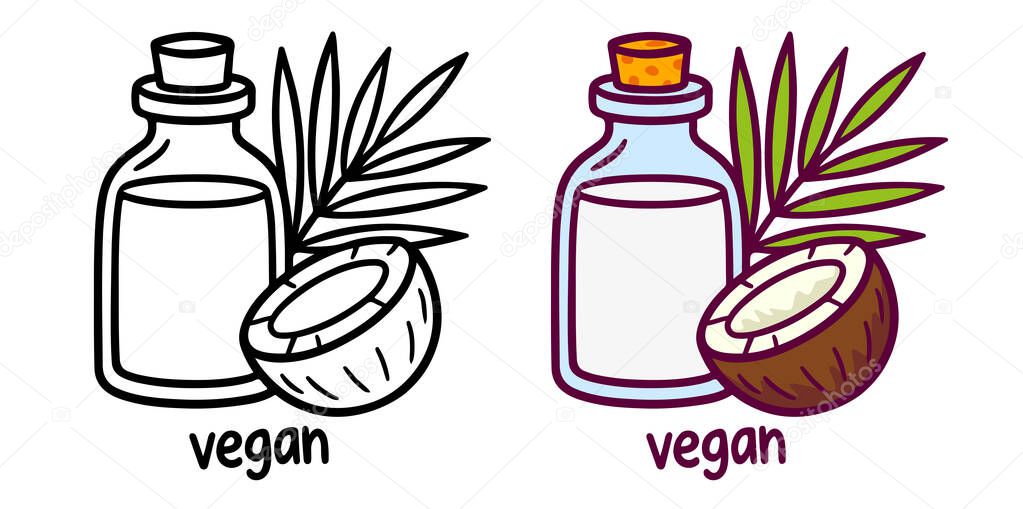 Hand-drawn coconut milk bottle with tropical leaves and fruit. Vegan plant-based drink. Isolated on white background.